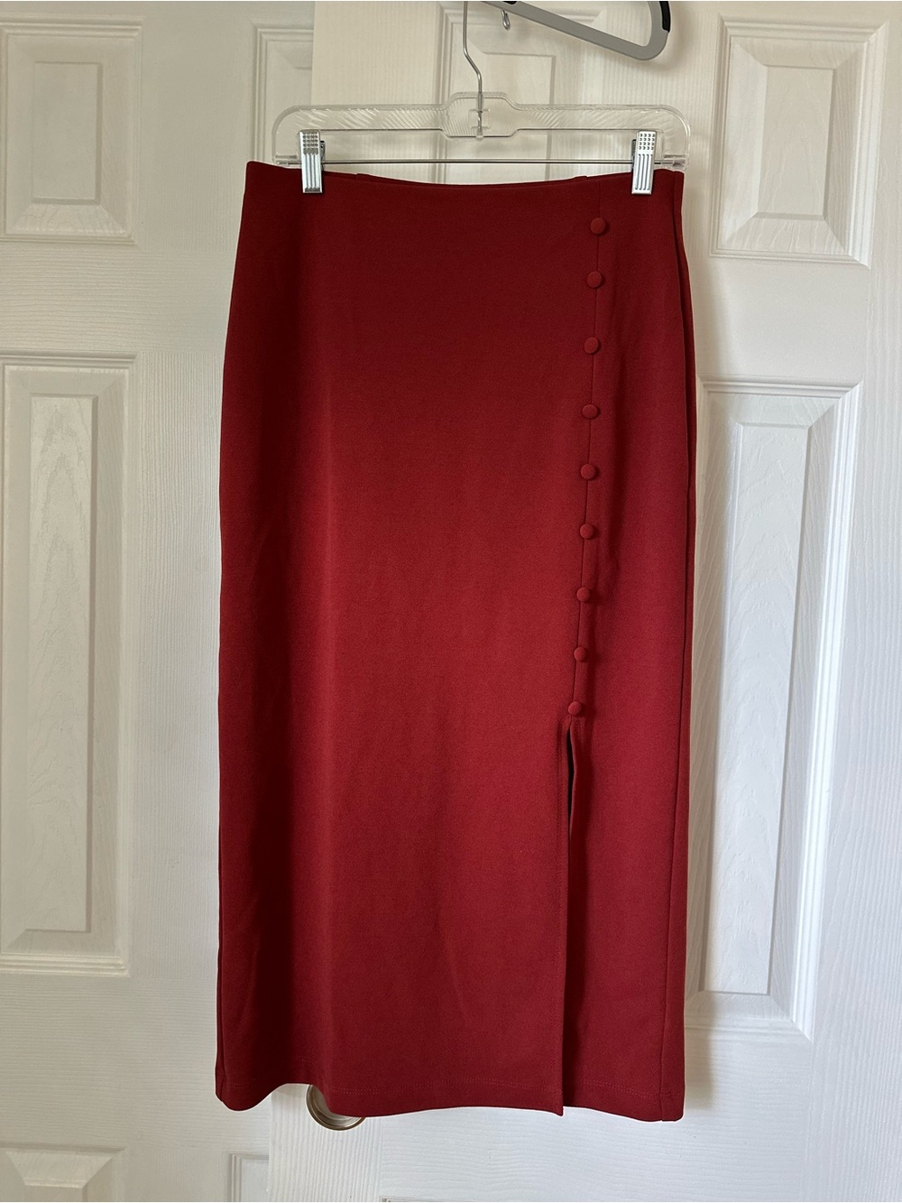 Classic Red Midi Skirt with Button-Trim Detail